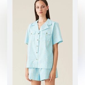 Ganni Floral Organic Cotton Poplin Button Up Short Sleeve Shirt size 2 (34) Blue